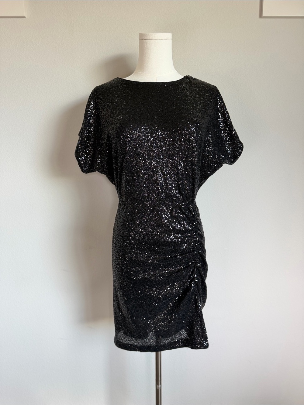 Express Black Sequin Ruched Mini Dress XS Holiday Party Glam